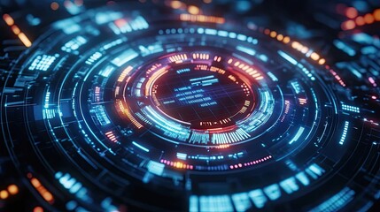 Poster - Futuristic digital interface with glowing circular elements, perfect for technology and science fiction concepts.