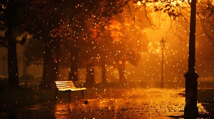 Wall Mural - Rainfall in the park with an orange backdrop