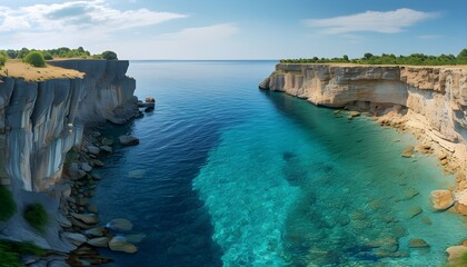 Wall Mural - Breathtaking Cliffside Panorama Overlooking Crystal Clear Waters in a Serene Summer Landscape