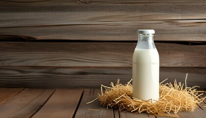 Wall Mural - Vintage milk bottle with straw on rustic wooden surface in barn, representing agricultural heritage and natural dairy production in a nostalgic country setting