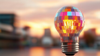 A vibrant light bulb with a colorful, mosaic design glowing against a sunset backdrop.