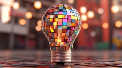 Poster - A colorful mosaic light bulb stands prominently with a blurred background, showcasing creativity and vibrant illumination.