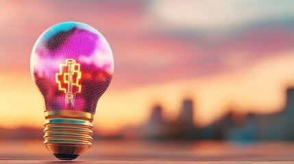 Poster - A colorful light bulb with a glowing filament, set against a blurred sunset backdrop, symbolizes creativity and innovation.
