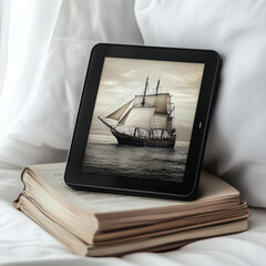 Poster - E-reader on a bedside table, with a ship sailing out of the screen