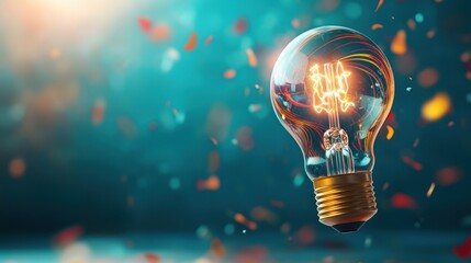 Poster - A glowing light bulb surrounded by colorful particles, symbolizing creativity and innovation in a vibrant, artistic setting.