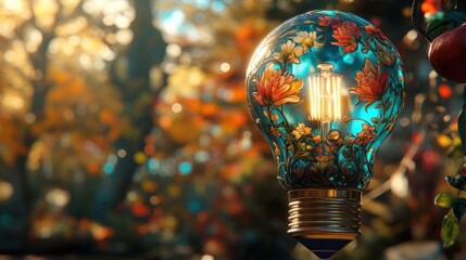 Aufkleber - A vibrant light bulb adorned with colorful floral patterns, set against a magical, nature-filled background, exuding warmth and creativity.