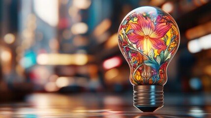 Poster - A colorful light bulb with floral art stands prominently in a vibrant urban setting, showcasing creativity and illumination.