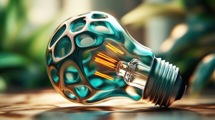 Poster - A unique, artistic light bulb with an intricate design, illuminated against a blurred green background, showcasing innovation and creativity.