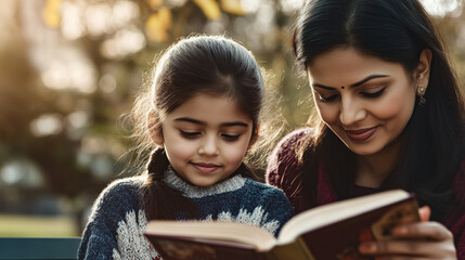 Canvas Print - Indian mother and daughter sitting on a park bench