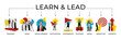 © master1305 - Learn and lead banner featuring training, team, development, motivation, leadership, success, ideas, objectives and growth. Contemporary art collage. Concept of business, growth. Infographics