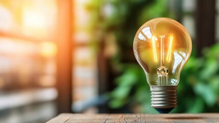 Poster - A glowing light bulb is suspended, emitting a warm glow, surrounded by a lush green background, symbolizing innovation and ideas.