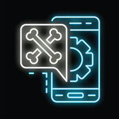 Poster - Neon icon of a smartphone showing bones symbol and gear representing mobile game development
