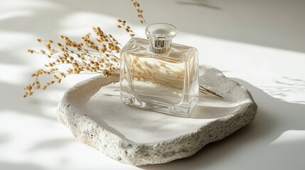 Poster - Elegant glass perfume bottle with dried flowers on a minimalist stone dish in soft, natural light