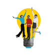 © master1305 - Three people joyfully leaping on large lightbulb, representing excitement, inspiration and energy of creative solutions and ideas. Contemporary art. Concept of business, team building, cooperation