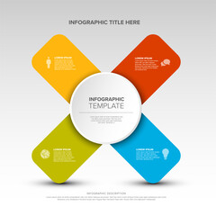 Poster - Multipurpose cross infographic template with big center and four elements on color crossed stripes all on white background with light shadow