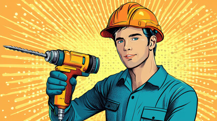 Repair work using a drill, illustrated in a pop art retro style featuring a male professional at home.