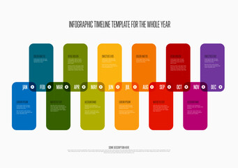 Poster - Full year rainbow color time line template made from color blocks, month names icons and sample text descriptions. Multipurpose month year timeline template