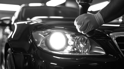 Mechanic's hand polishing a car headlight