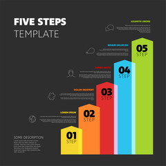 Poster - five vertical steps progress procedure infochart template with descriptions icons titles and big num