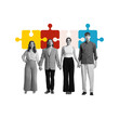 © master1305 - Four employees holding hands in front of puzzle pieces, symbolizing cohesiveness, unity, collaboration. Contemporary art collage. Concept of business, team building, cooperation, progress