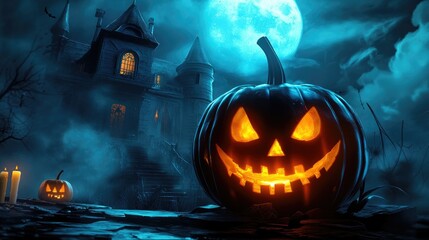 Halloween pumpkin with candlelight in front of a haunted house background,