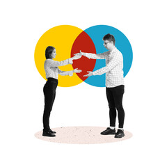 Wall Mural - Colleagues, man and woman interacting with each other against colorful circles symbolizing well-coordinated cooperation, assistance and support. Contemporary art. Concept of business, team building