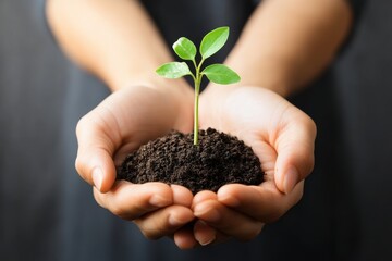 Hands holding a small plant sprouting from the soil symbolizing new beginnings and growth