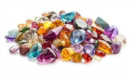 Wall Mural - side view on one single colorful glass gems pile heap isolated on white background