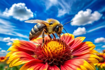 A bee with a bright yellow and black striped body sips nectar from a colorful flower, surrounded by fluffy white clouds and a sunny blue sky