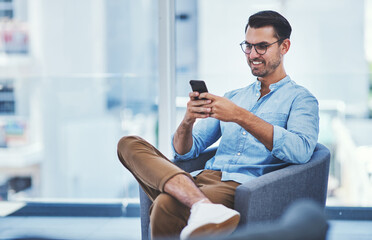 Poster - Man, phone and journalist for networking in office, press contact and quote for article source. Male person, reporter and online to plan for column feature, reading notification and relax in chair