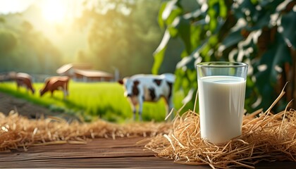 Farm-fresh milk in a glass on rustic wooden surface with straw, celebrating natural dairy production and agriculture industry aesthetics. Perfect for banners and posters.