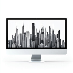 Poster - Desktop monitor on an office desk, with a city skyline emerging from the screen