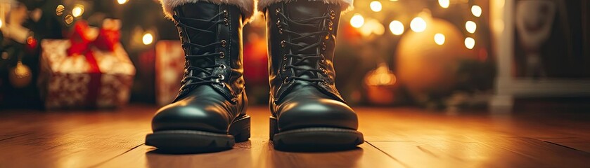 Poster - Close-up of stylish black boots against a festive background with Christmas decorations and warm lights.
