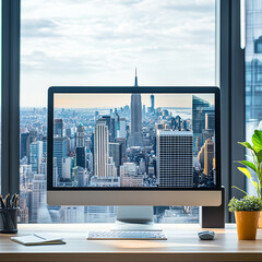 Poster - Desktop monitor on an office desk, with a city skyline emerging from the screen