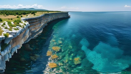 Wall Mural - Breathtaking Cliffside Panorama Overlooking Crystal Clear Waters in a Serene Summer Landscape