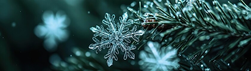 Poster - A close-up view of a delicate snowflake resting on a green pine branch, capturing the beauty of winter's intricate patterns.