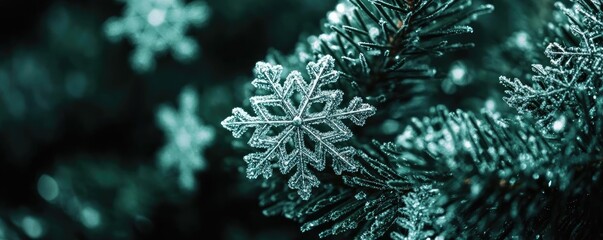 Poster - A close-up view of a delicate snowflake resting on green pine needles, capturing the beauty of winter and nature's artistry.