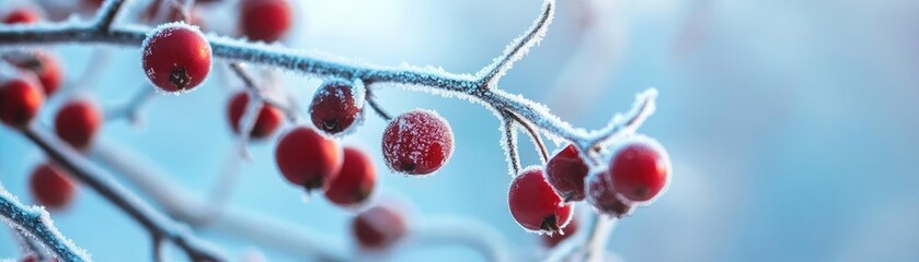 Poster - Frost-covered red berries hang delicately on a branch, creating a serene winter scene with soft blue hues.