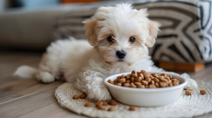 A small cute Maltipoo puppy near a bowl of food. AI Generated