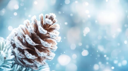 Poster - A serene winter scene featuring a frosted pine cone against a blurred blue background, evoking a calm and festive atmosphere.