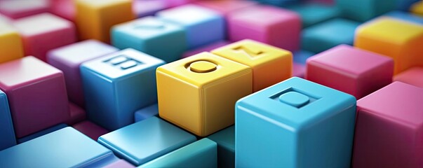 Poster - Colorful building blocks stacked together, showcasing vibrant designs and textures, perfect for educational or playful concepts.