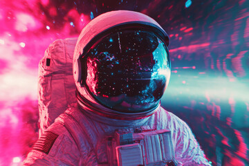 Wall Mural - astronaut wearing helmet against abstract cosmic background. man in spacesuit with neon lighting and
