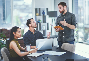 Aufkleber - Creative, business people or team presentation with book in meeting for brainstorming, coaching or solution. Group, training or planning with engagement manager for help or client feedback in startup