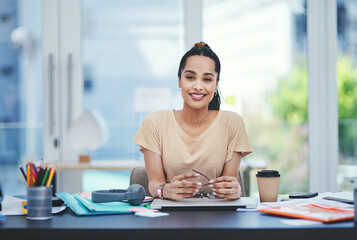 Sticker - Office, pride and businesswoman in portrait for career, startup progress and happy with job. Creative agency, female person or graphic designer with positive attitude for tasks planning and laptop