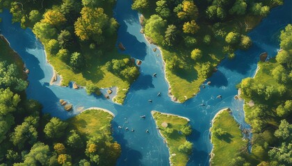 Breathtaking aerial view of lush forest intertwining with a shimmering river in a vibrant summer landscape