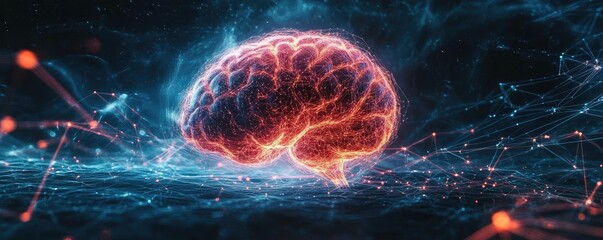 Poster - A vibrant digital illustration of a brain, illuminated with neon colors, representing intelligence and technology in a modern landscape.