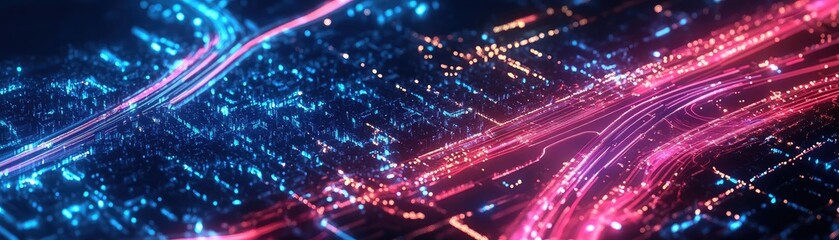 Poster - Dynamic urban landscape illuminated by vibrant neon lights, showcasing busy roads and city traffic in a modern metropolis.