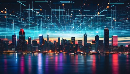 Wall Mural - Dynamic city skyline illuminated by a digital network, symbolizing the fusion of technology and urban connectivity