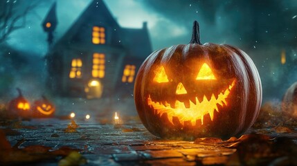 Halloween pumpkin with candlelight in front of a haunted house background,