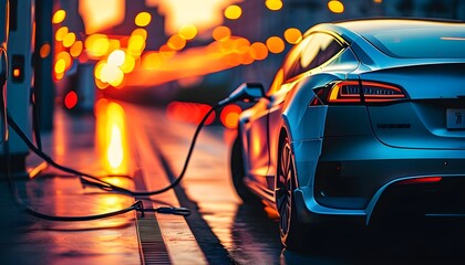 Serene urban sunset scene with a modern electric car charging at a station amidst vibrant bokeh lights.